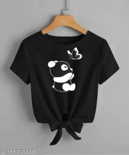 Black lycra crop top with panda and butterfly print, long sleeves, S-XL sizes