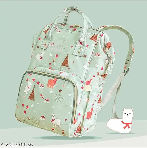 Beige 21-liter diaper bag with quick tissue and warm bottle pockets, easy access back zipper. Stylish and durable polyester net baby travel bag with 9 pockets and water-resistant material. Ideal for newborns and travel