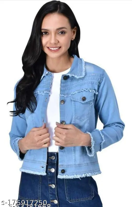 Blue denim long sleeve jacket, solid pattern by Inssha Women for teen size