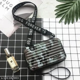 Black, camo print sling bag with multiple pockets and compartments