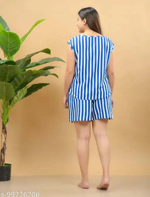 Striped rayon sleeveless women's night suit, Indian origin