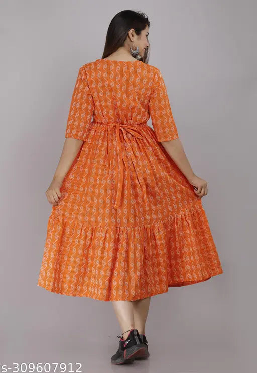 Orange cotton blend kurta by Shambhavi Creations, three-quarter sleeves, soft & comfortable Indian clothing