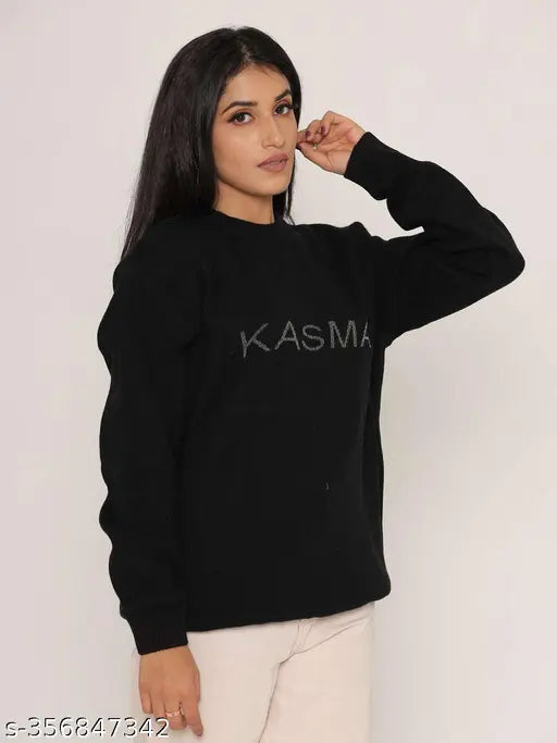 Woolen women's crop sweater with floral print, self-designed knitted detail. M size (36in bust, 25in length). Made in India
