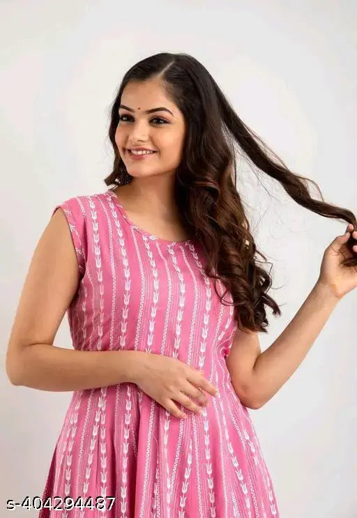 Pink sleeveless printed dress for women and girls