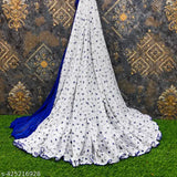 White and blue georgette brasso unstitched blouse with zari patta saree