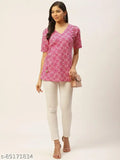 Pink cotton JAPER KURTI woman's geometric print half sleeve VNeck wrap top - vibrant floral design, perfect for Western wear