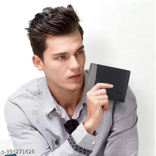 Black full-grain leather men's wallet with RFID protection, featuring 2 cash compartments and 4 card slots. Comes in a gift box." (103 characters)