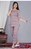 Women's rayon pink printed night suit top & pyjama coord set, floral print, comfortable, soft rayon fabric, round neck, three-quarter sleeves