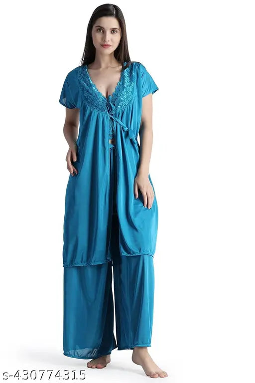 Satin lace nightdress with short sleeves & robe, solid design, women's set (S-30in/38in, M-32in/39in, L-36in/40in), Indian origin