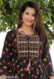 Multi-color rayon long-tiered dress kurti with embroidered yoke and tassels, vibrant printed pattern, three-quarter sleeves