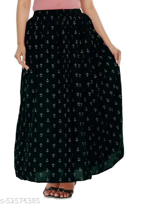 Black patterned long skirt with side pockets and flared hem