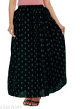 Black patterned long skirt with side pockets and flared hem