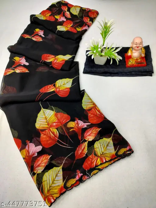 Floral patterned table runner with Buddha figurine and plant in background