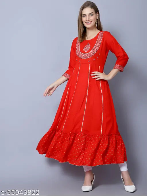 Embroidered rayon kurti, three-quarter sleeves, printed combo, Indian ethnic wear for women (M: bust 38in, length 52in, L: bust 40in, length 52in, XL: bust 42in, length 52in, XXL: bust 44in, length 52in)