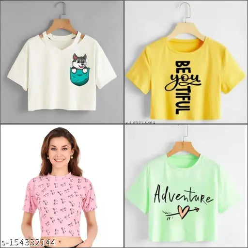 PINK SCRIPT printed cotton blend crop t-shirts (pack of four) - trendy casual wear for women, boost your style this season