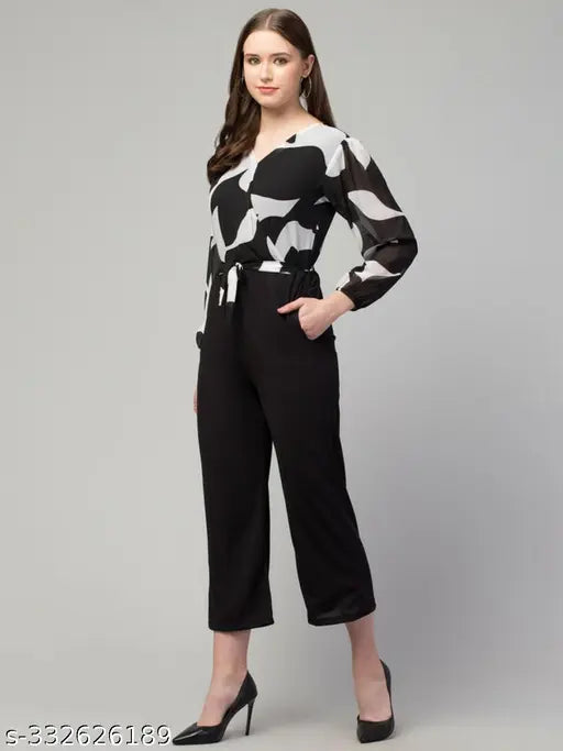 Printed Georgette jumpsuits for women, long sleeves, size S-XL on model