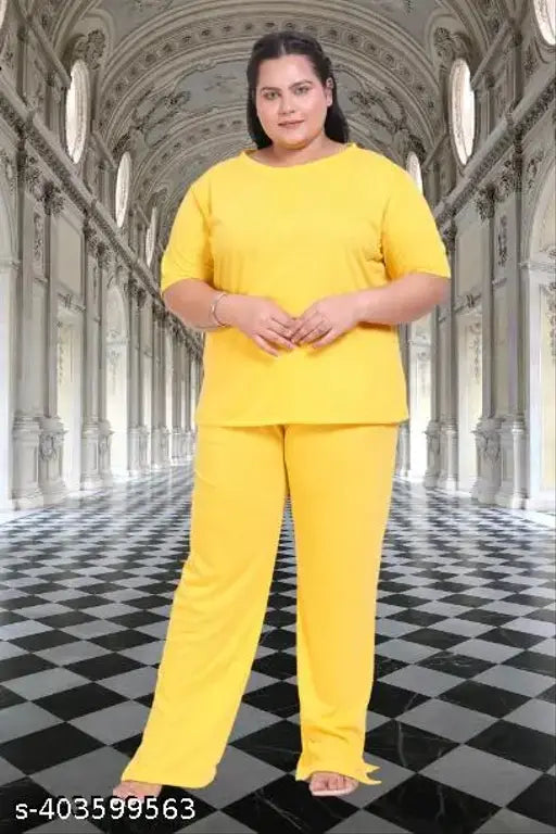 Indian-made women's Plus Size CANIDAE T-Shirt & Pajama Co-ord Set, solid color with round neck and half sleeves
