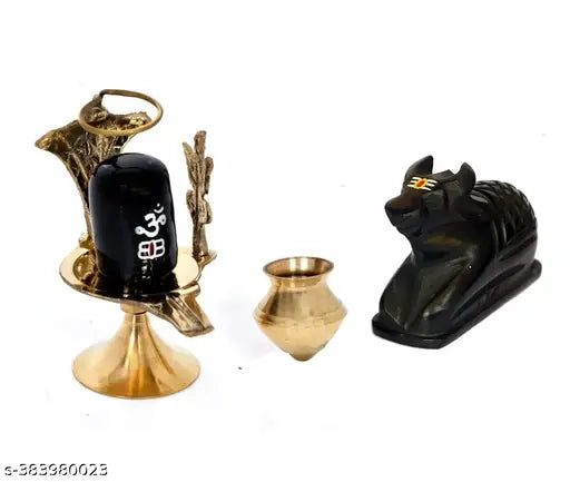 Brass Shivling, premium finish, traditional Indian home temple puja item with Loti Shiva Lingam Abhishek Patra, 7cm size