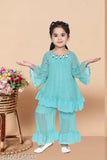 Green soft silk palazzos with embellished sleeves for toddlers aged 1-2 years