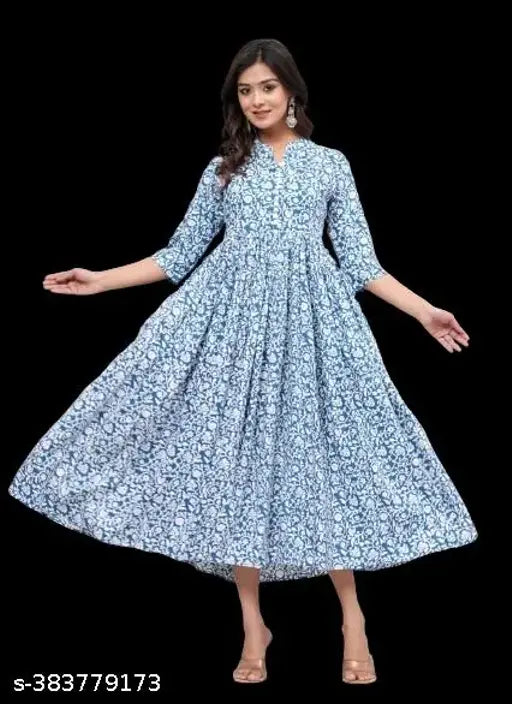 Blue printed anarkali kurta, long skirt, full length, women's fashion