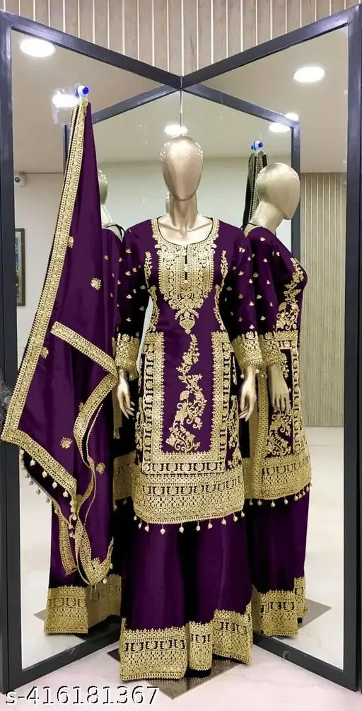 Purple and gold dupatta set for women's party wear