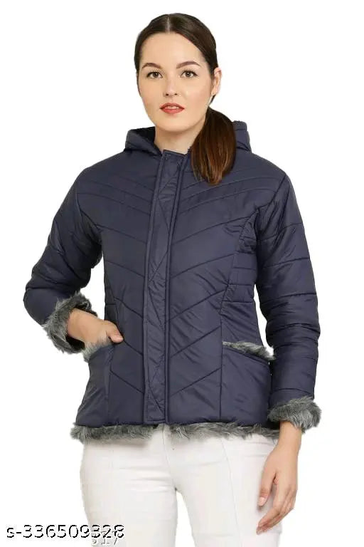 Blue nylon women's winter jacket with long sleeves, solid pattern. S-XL sizes available. Made in India