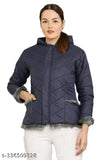 Blue nylon women's winter jacket with long sleeves, solid pattern. S-XL sizes available. Made in India