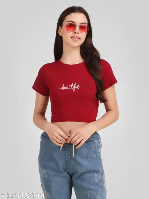 Cotton red crop top with short sleeves, printed design for women's fashion, India origin