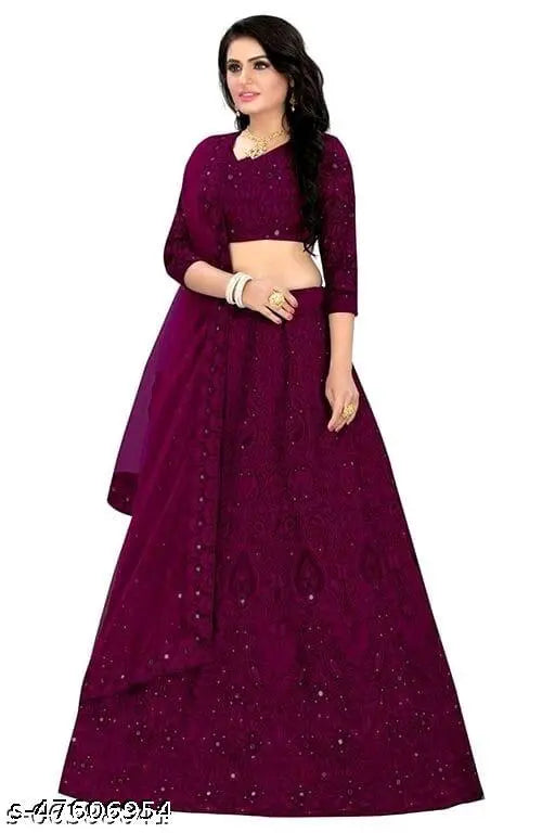 Taffeta silk lehenga, choli, and net dupatta for women - embellished Indian bridal partywear with free size (44in waist, 42in length)