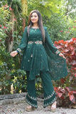 Green faux Georgette Kurta Palazzo Set with embroidered top and dupatta - Shampysky women's full-stitched, long sleeve, single size XL & XXL (Indian clothing)