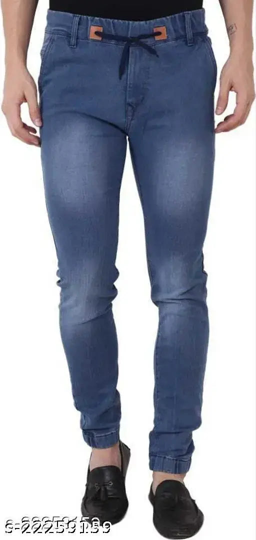 Dyed/washed denim, fashionable modern men's jeans. Men's jogger style, sizes 28, 30, and 32 originating from India