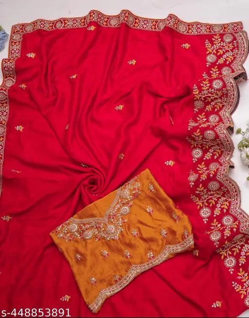 Vichitra Silk Sequinned Embroidered Sari with Separate Blouse, Indian bridal wear