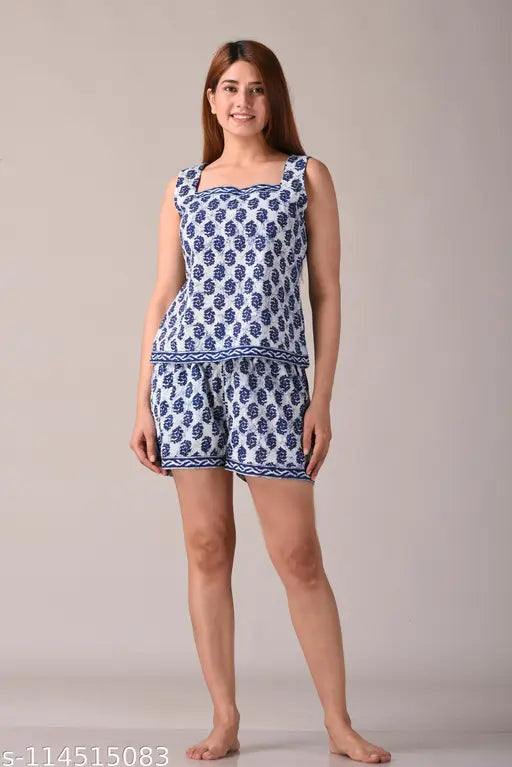 Blue printed cotton top and shorts set for women by Kannahi, ideal for sleepwear and loungewear with elastic waist and two side pockets, made of 100% super cotton