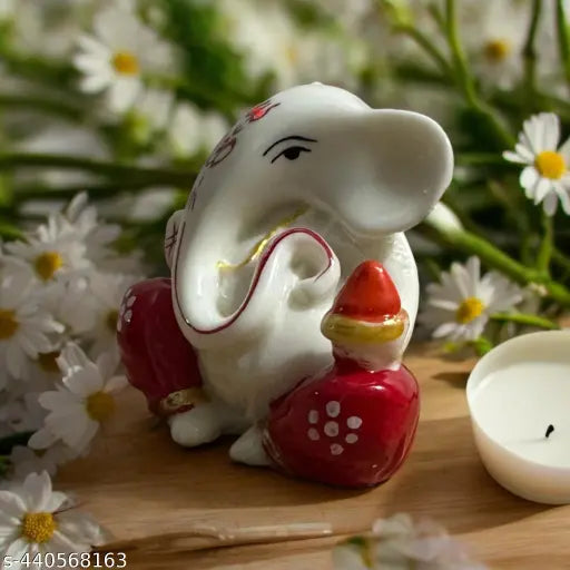 Red compact Ganesha idol - Indian religious statue for car dashboards, desks, or offices, symbolizing wisdom and positivity