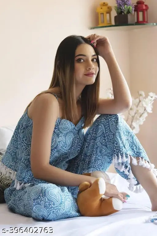 Floral printed rayon summer night suit for women, sleeveless pyjamas set with a vibrant floral print