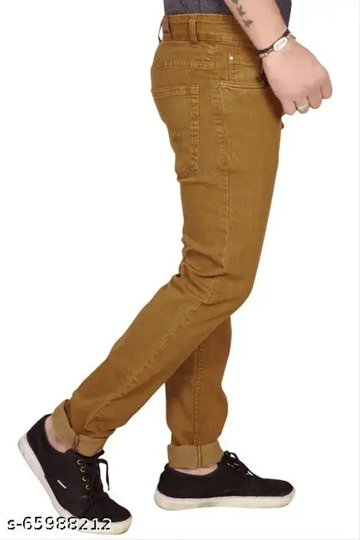 Black cotton men's straight mustard jeans with regular fit and stretchability, size 28-48