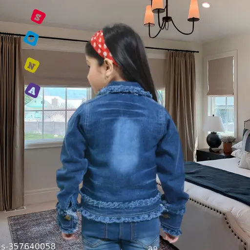 Denim girls jean jacket with faux leather detail