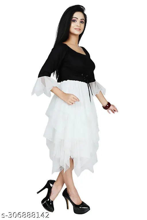 Black & White Rayon Below Knee Length Festive/Wedding Dress (3/4 Sleeve), Jhilik Garments