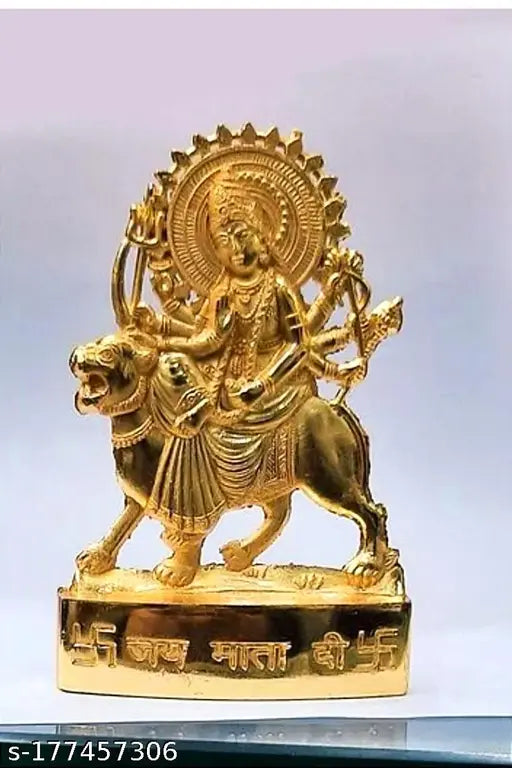 Metal Durga Ji Sherawali Mata idol from India, traditional god figurine on display stand