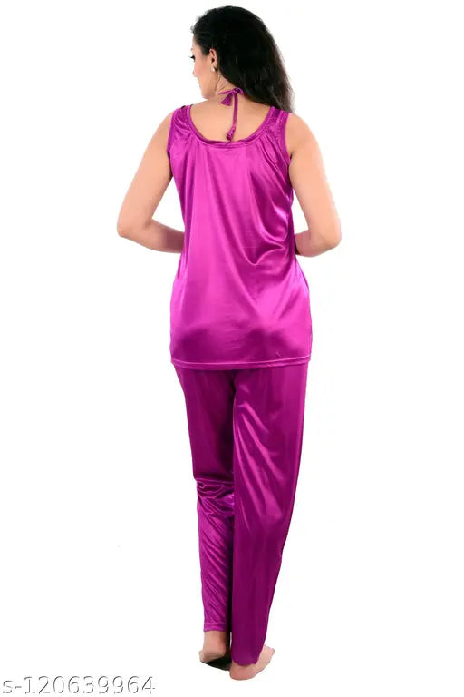 Wine-hued ultra-soft satin sleeveless nightsuit set, perfect for women's comfortable chic nightwear