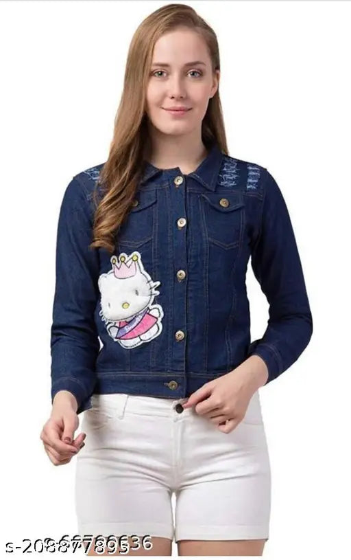 Denim Hello Kitty light jacket with three-quarter sleeves, printed net pattern, size S (35in bust, 20in length), made in India