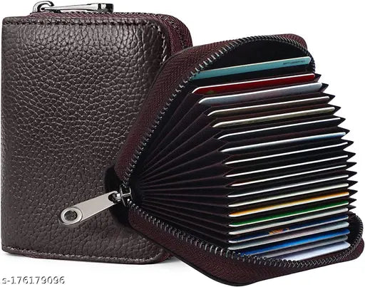 Solid leather wallet with 9 slots for men and women, 2 money pockets, zipper coin purse, 14 card capacity. Made of genuine Indian leather