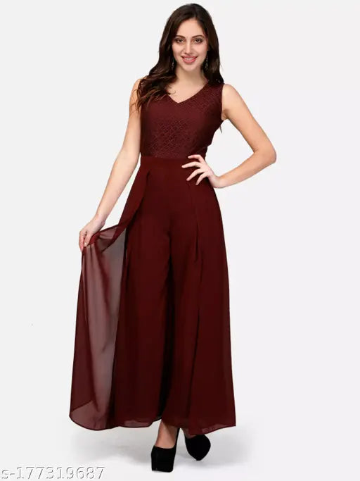 Brown Georgette lace layered basic jumpsuit, sleeveless with V-neck collar, ideal for casual wear