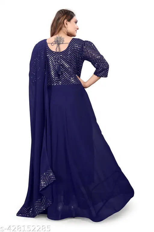 Georgette Embellished Net Anarkali Dress, VIDHI NEVY BULE, full sleeve, Indian fabric