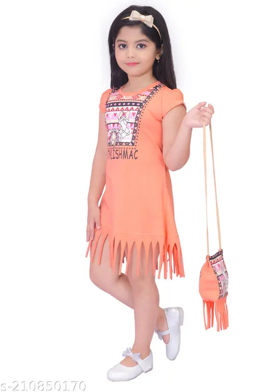 Orange fringe dress with bow accent, girl model posing