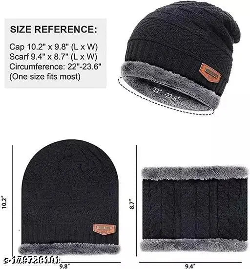 3 black color unisex woolen cap and neck winter protection scarf