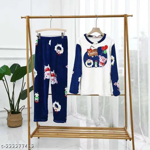 Pink wool printed long sleeves regular nightsuit for girls - Soft, cozy winter wear with floral print