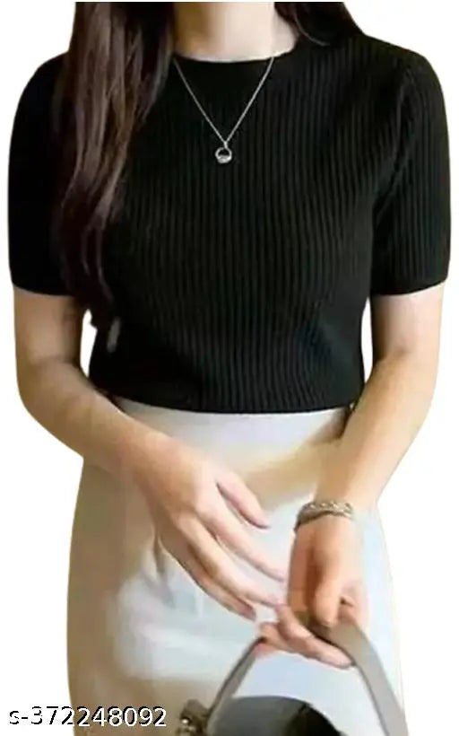 Women's Lycra rib top with short sleeves, suitable for office or casual wear. Solid color design, comfortable and stretchable