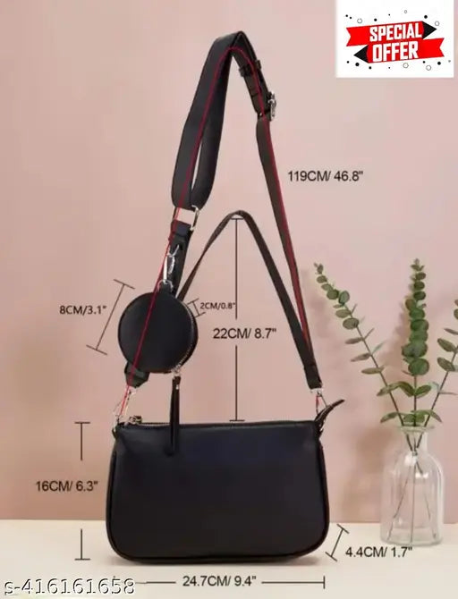 A new trendy women's sling bag, black leather shoulder strap, zip closure