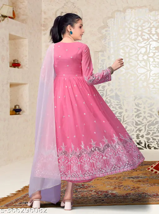 Silk embroidered kurta and dupatta set for festive parties or weddings, suitable for girls aged 7-14 years